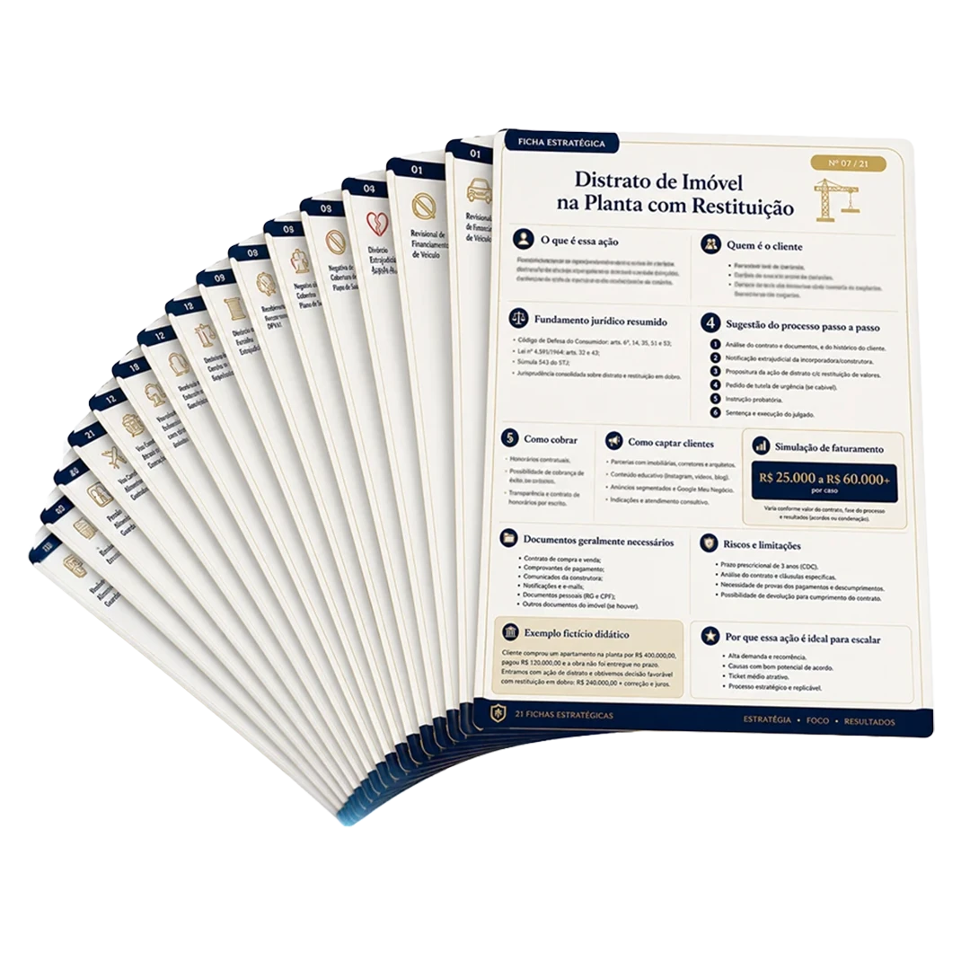 Mockup da Ficha Estratégica da Ação com seções de cliente ideal, honorários e captação